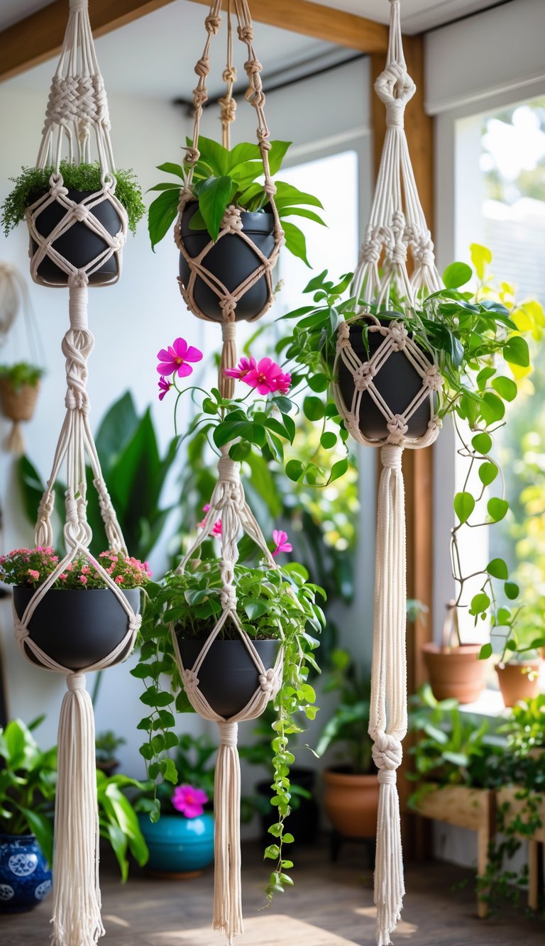 A collection of 15 macramé plant hangers holding various green plants and flowers in a bright indoor garden setting.