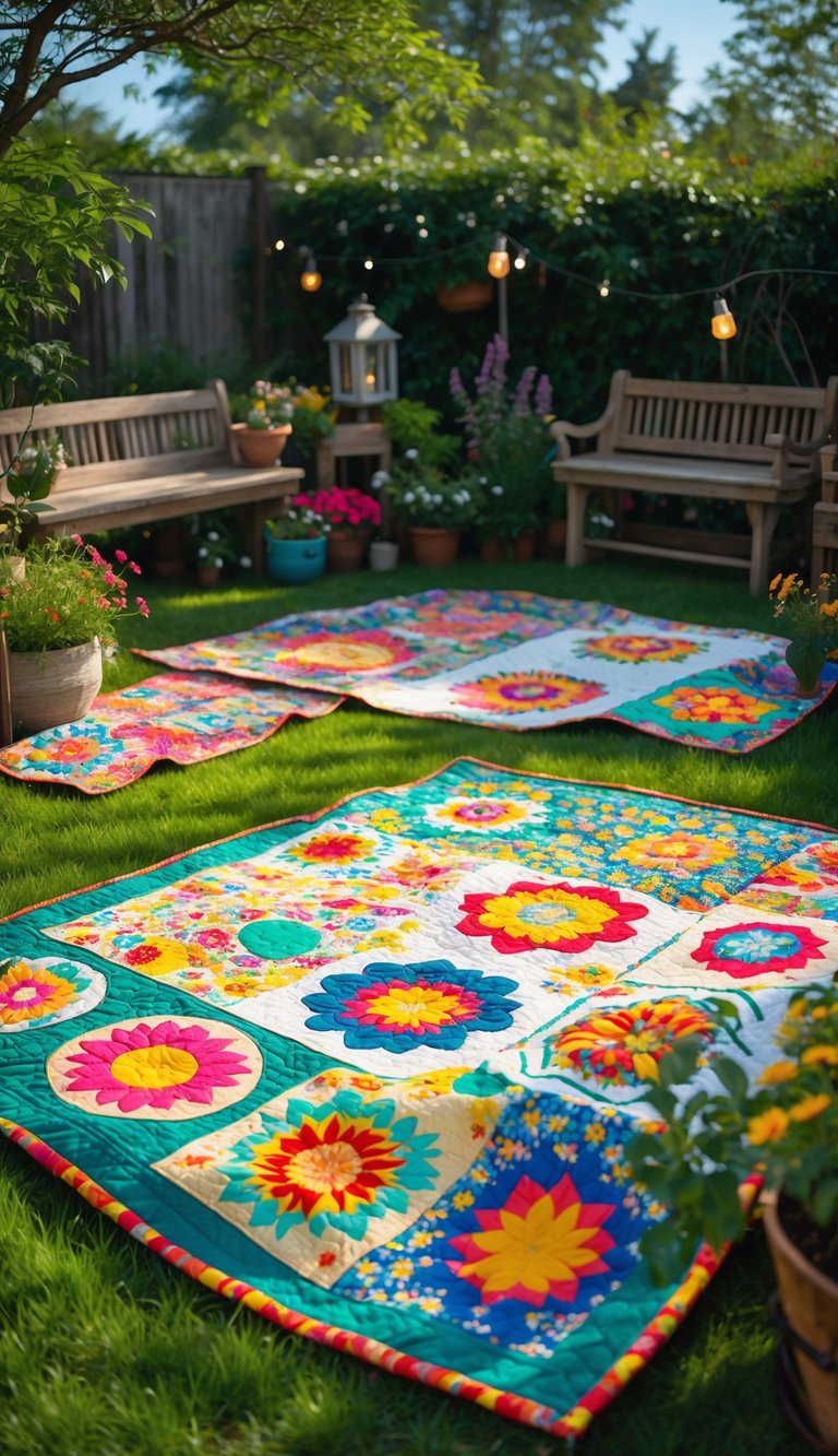 A colorful garden scene with vintage patchwork quilts spread on green grass surrounded by flowers and garden decorations.