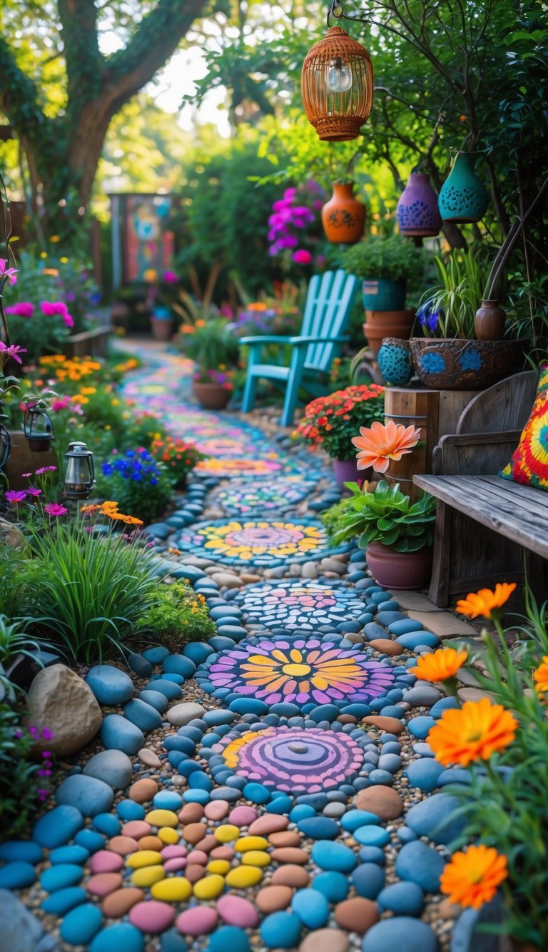 A garden with colorful hand-painted pebble pathways winding through green plants and blooming flowers.