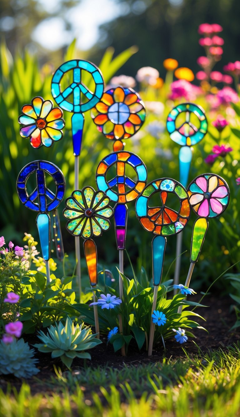 A bright garden filled with colorful stained glass garden stakes featuring flowers, peace signs, and butterflies among green plants and blooming flowers.