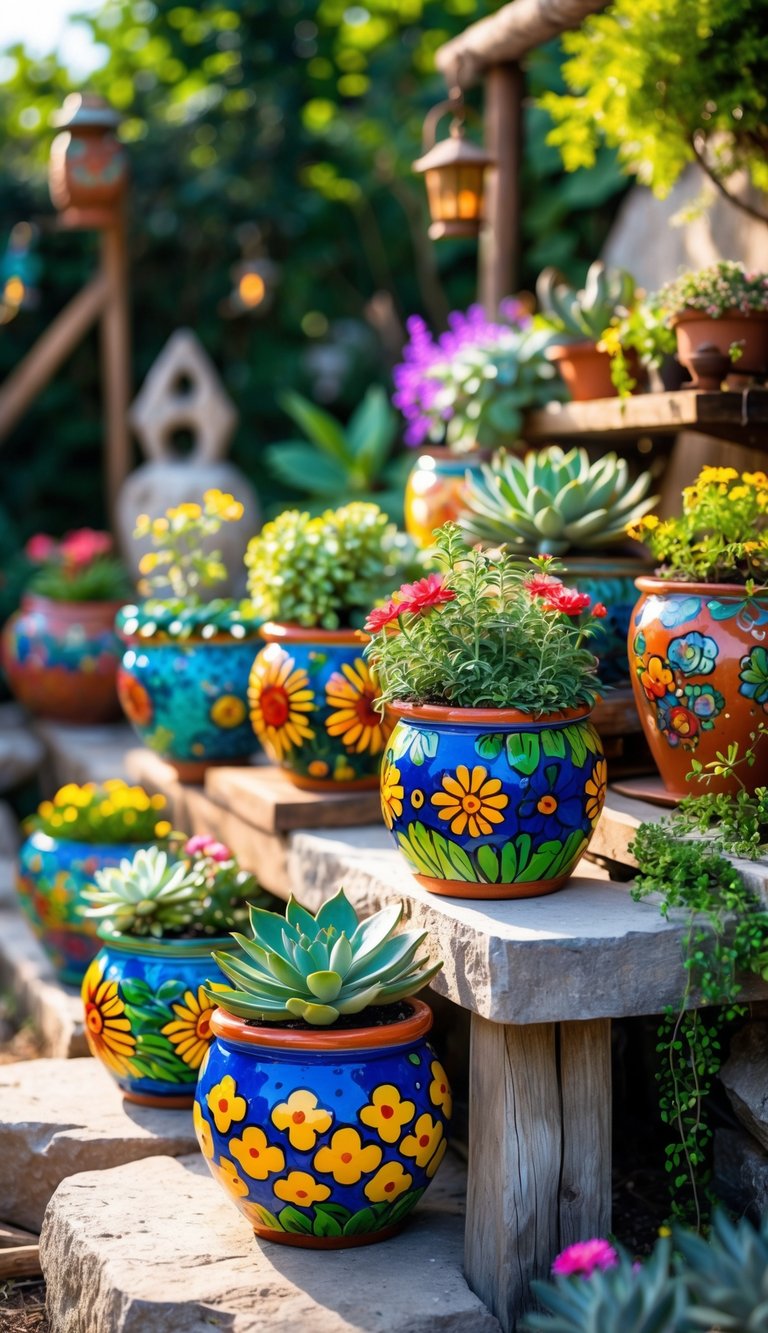A colorful outdoor garden with 15 brightly painted Mexican pottery planters filled with various plants and flowers arranged on wooden shelves and stone surfaces.