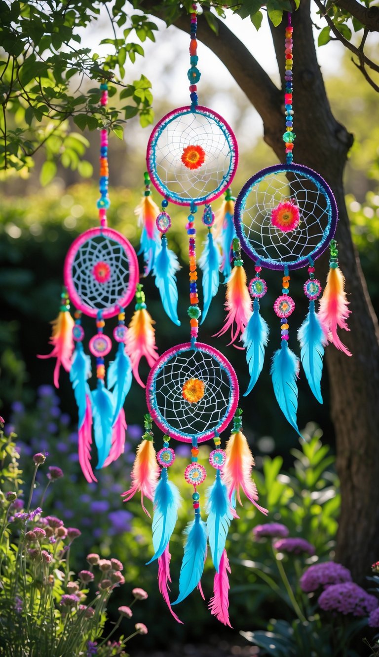 Colorful beaded dreamcatchers hanging from tree branches in a garden with flowers and greenery.