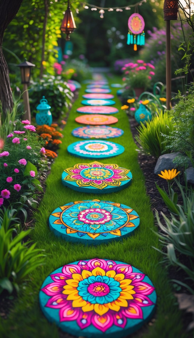 A garden path lined with colorful mandala-patterned stepping stones surrounded by green plants and flowers.