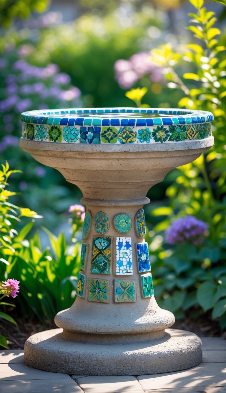 Concrete pedestal bird bath with colorful mosaic tiles surrounded by green plants and flowers in a garden.