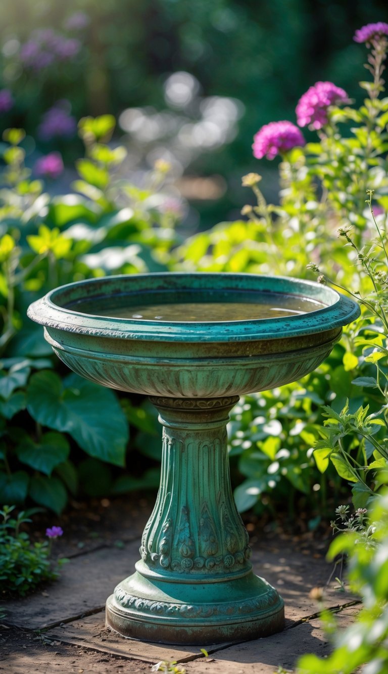 A vintage green bird bath basin filled with water surrounded by flowering plants in a garden.