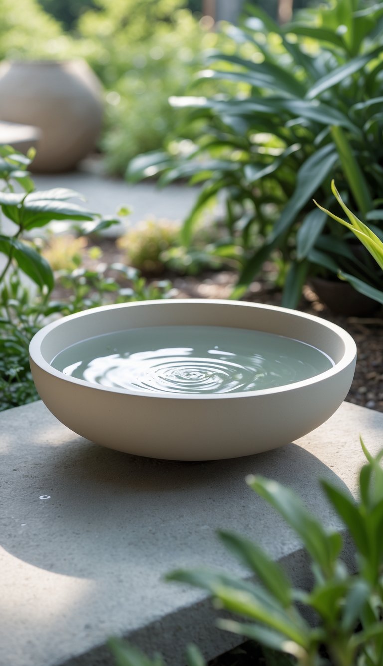A ceramic bird bath with water in a garden surrounded by green plants.