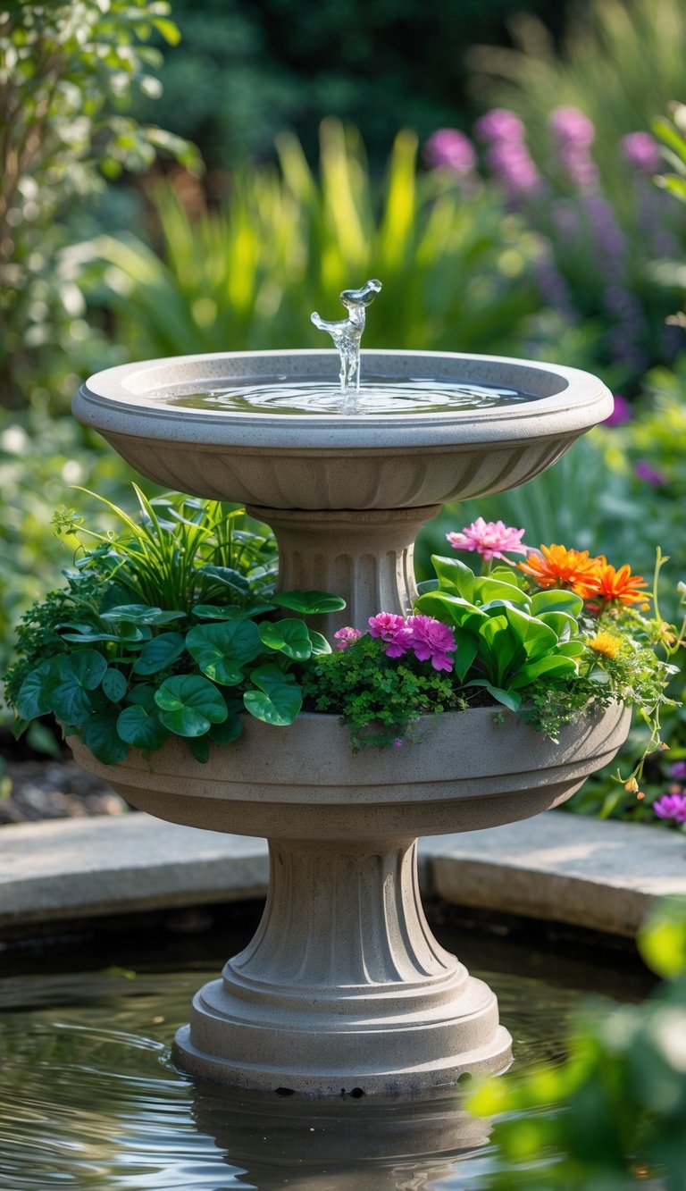 A bird bath with a water basin surrounded by a planter filled with green plants and flowers in a garden setting.