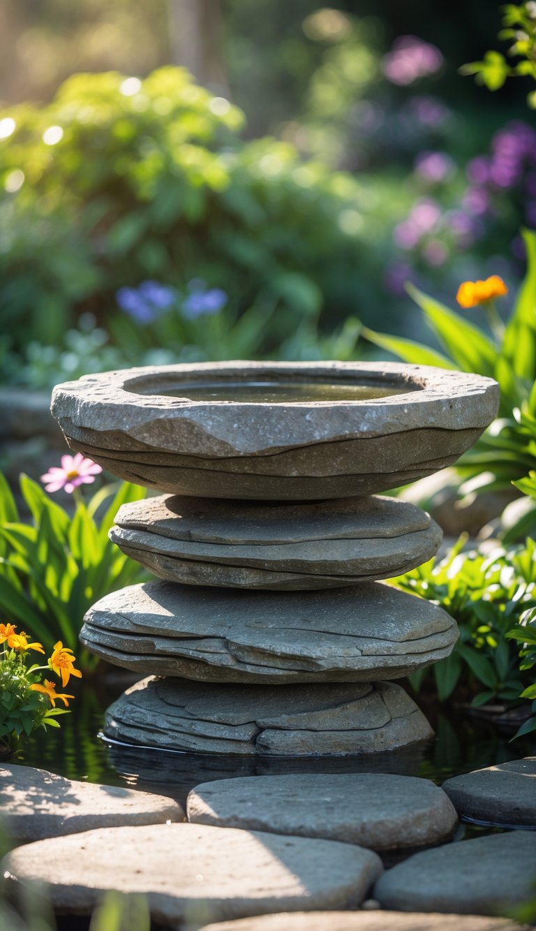 A stacked stone bird bath filled with water surrounded by green plants and flowers in a garden.