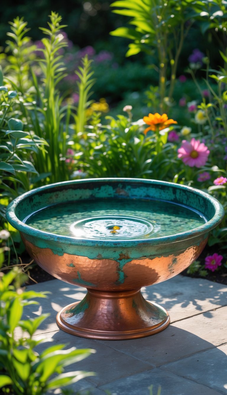 A copper bird bath with greenish patina filled with water, surrounded by garden plants and flowers.