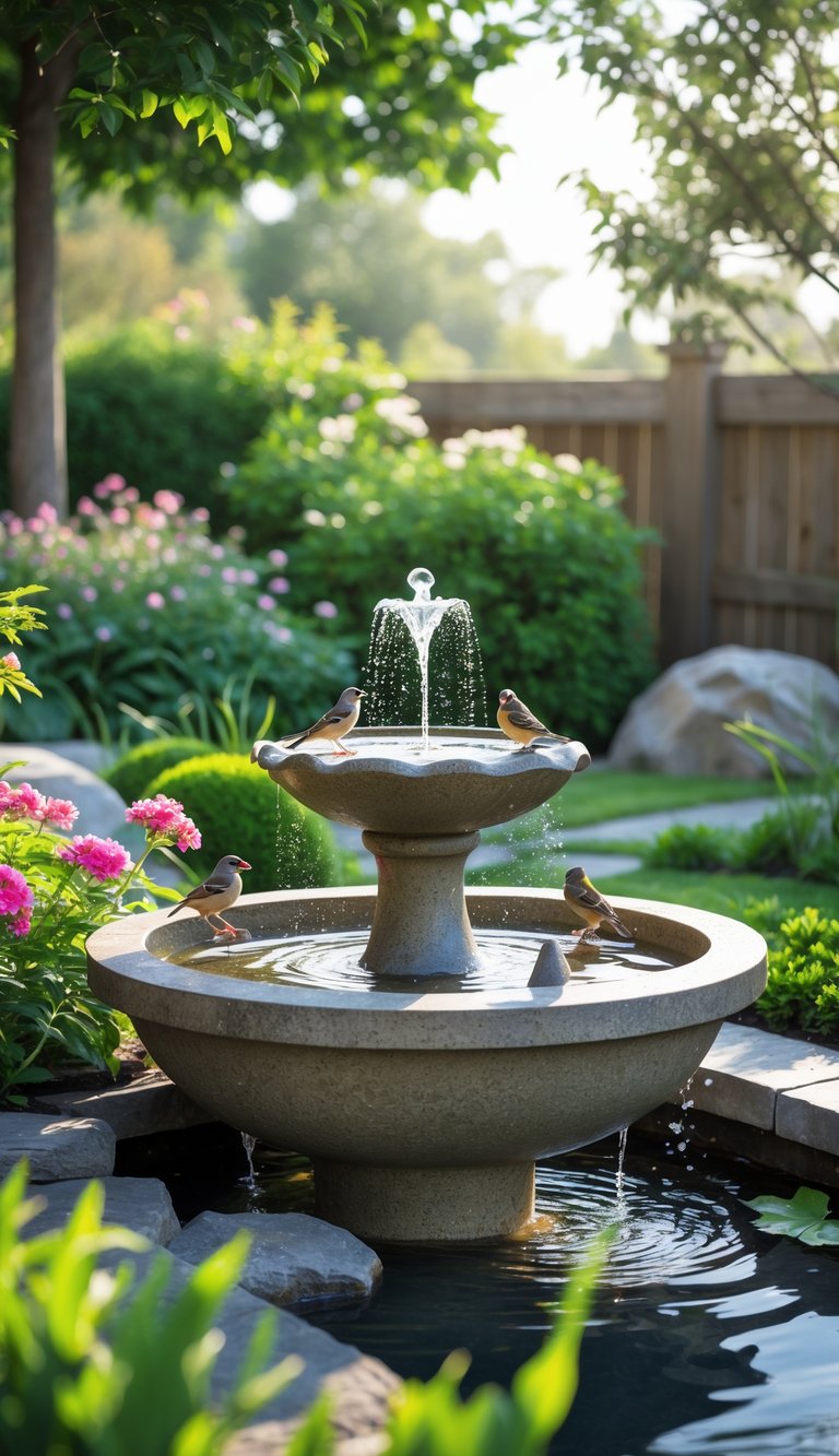 A garden fountain with an integrated bird bath surrounded by plants and small birds perched on the water basin.