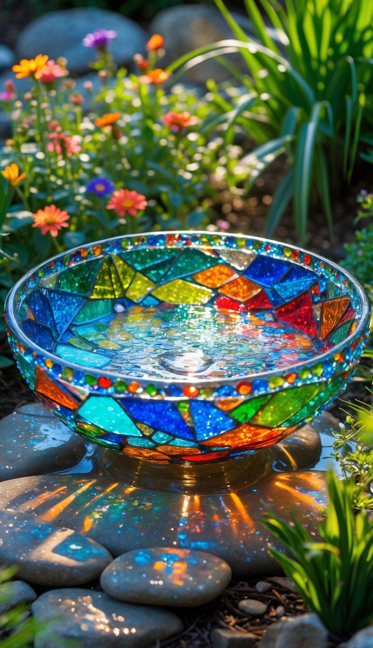A colorful glass mosaic bird bath bowl filled with water, surrounded by green plants and flowers in a garden.