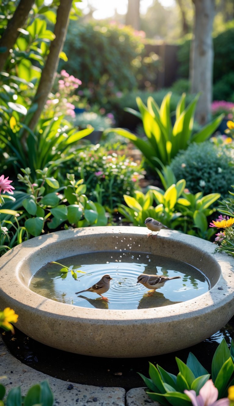 A low shallow bird bath filled with water in a garden surrounded by plants and small birds perched nearby.
