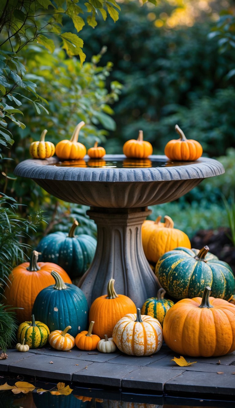 A bird bath decorated with pumpkins and gourds in a garden setting.