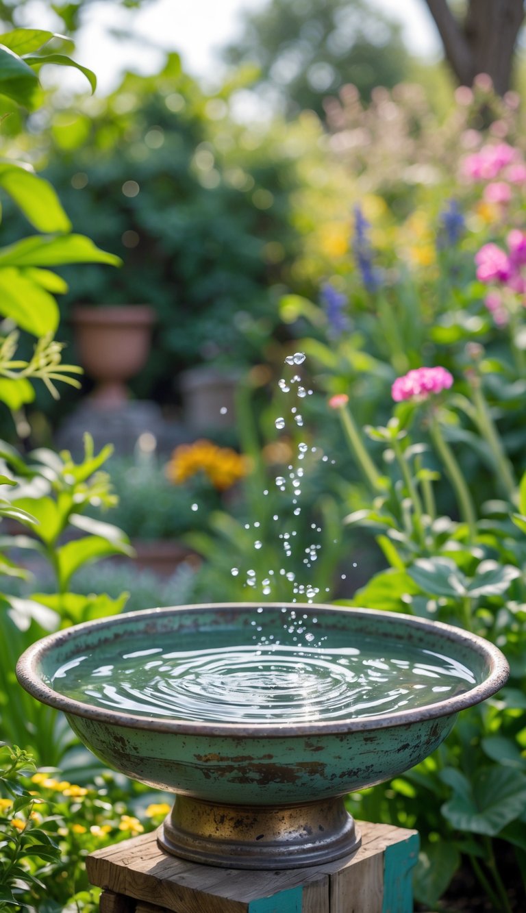 A bird bath made from an upcycled metal basin filled with water, surrounded by green plants and colorful flowers in a garden.