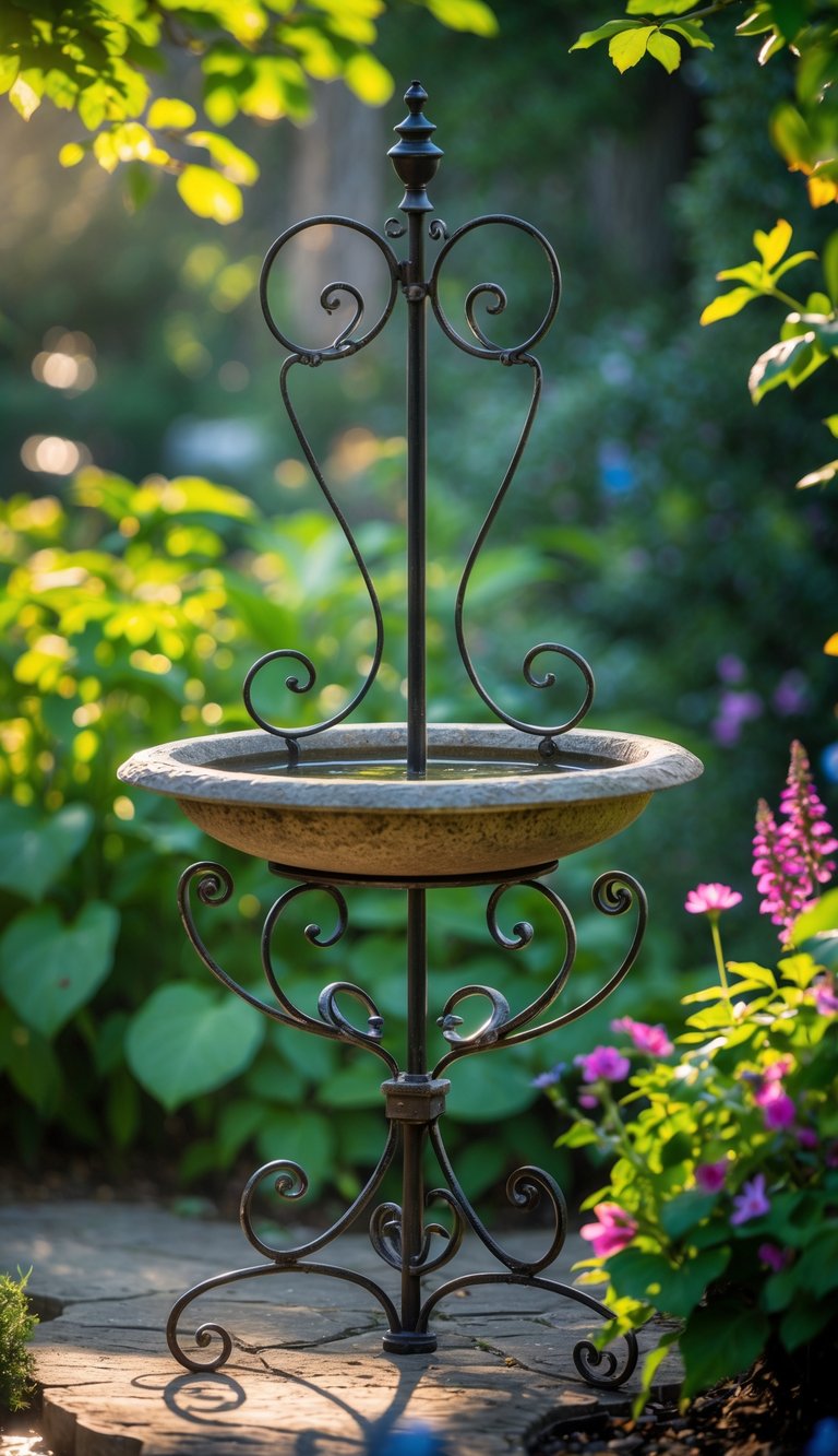 A raised bird bath with a decorative wrought iron stand surrounded by garden plants and flowers.