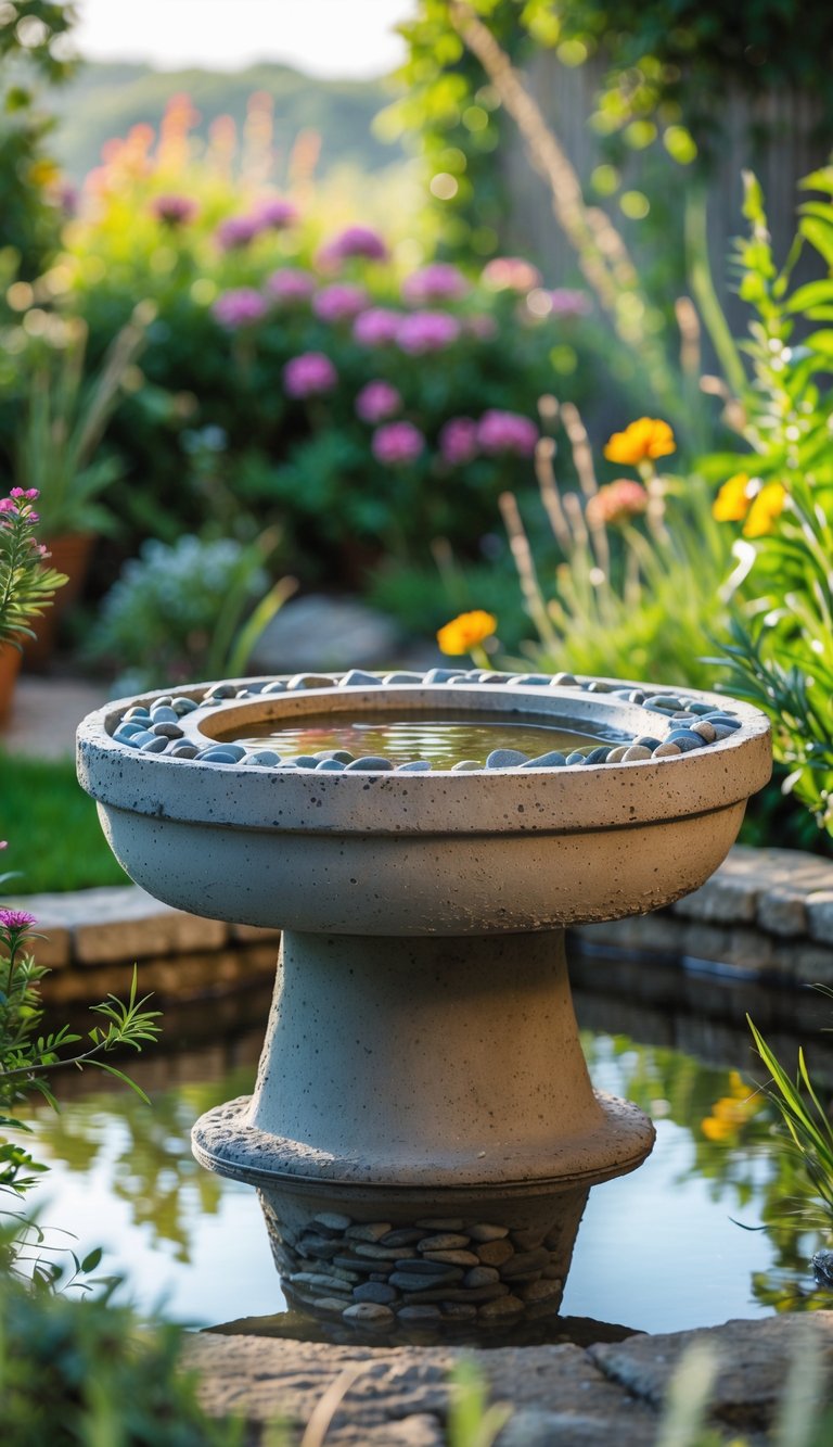 A rustic concrete bird bath with a pebble inlay filled with water, surrounded by green plants and flowers in a garden.