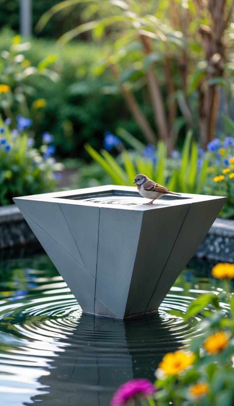 A modern geometric bird bath with sharp angles in a garden surrounded by green plants and flowers, with a small bird perched on its edge.