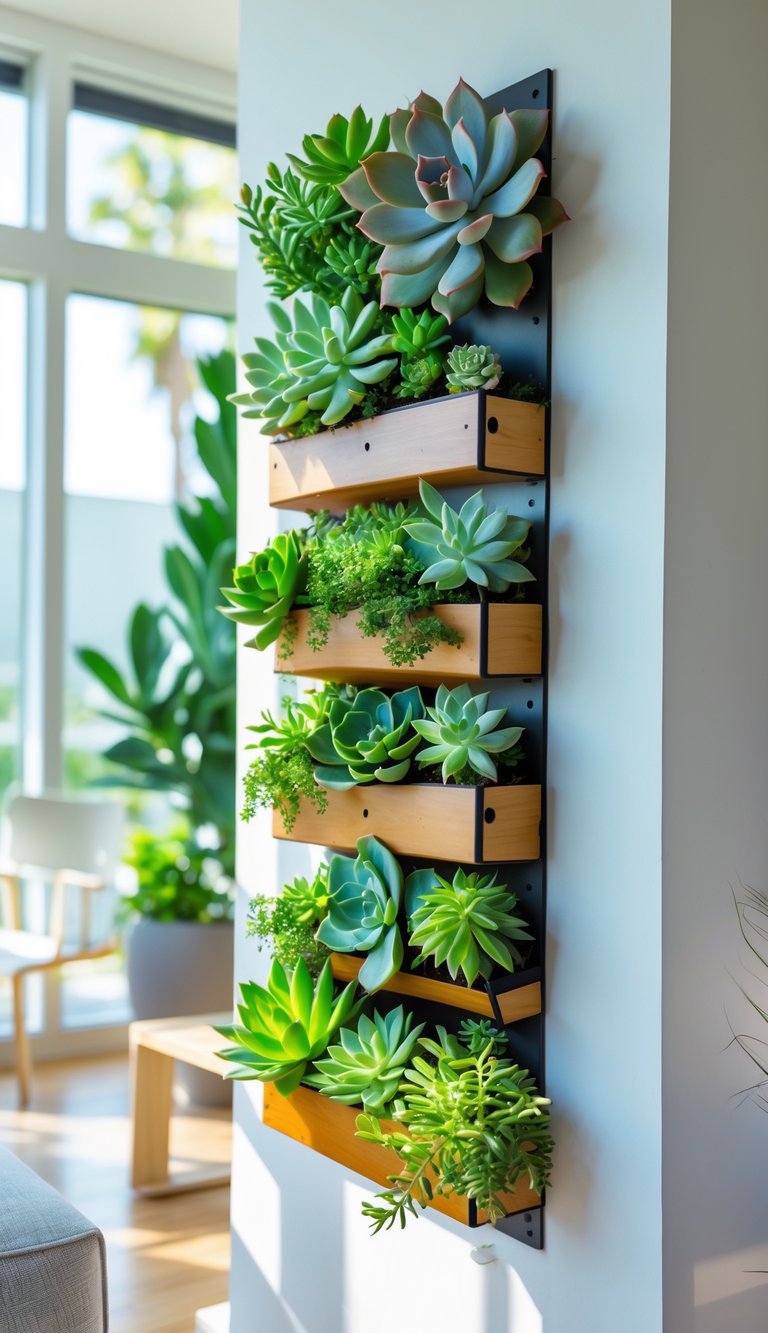 Indoor vertical succulent garden with various green plants arranged on a wall in a bright living room.