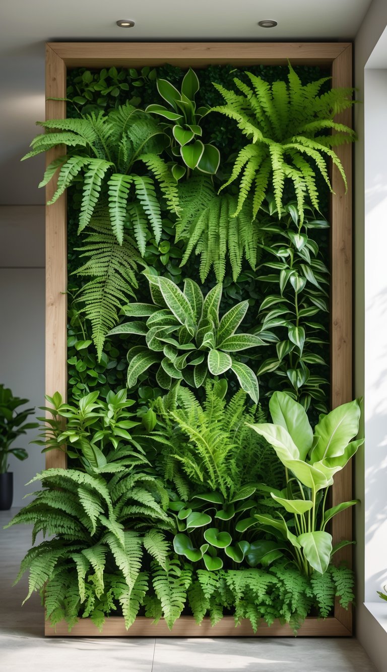 Indoor framed living wall filled with lush green ferns in a modern room.