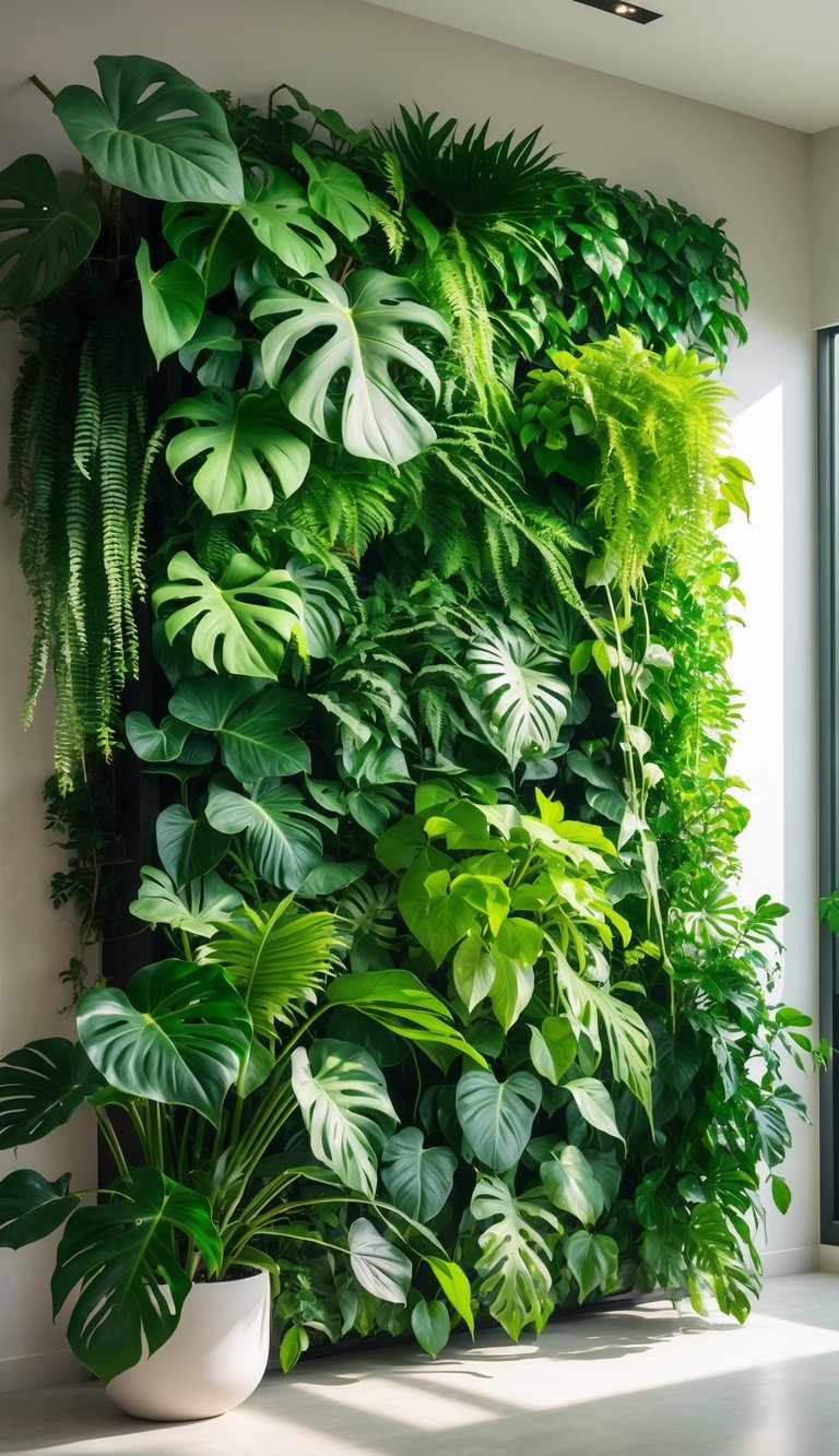 A dense indoor wall covered with various green tropical plants of different shapes and sizes.