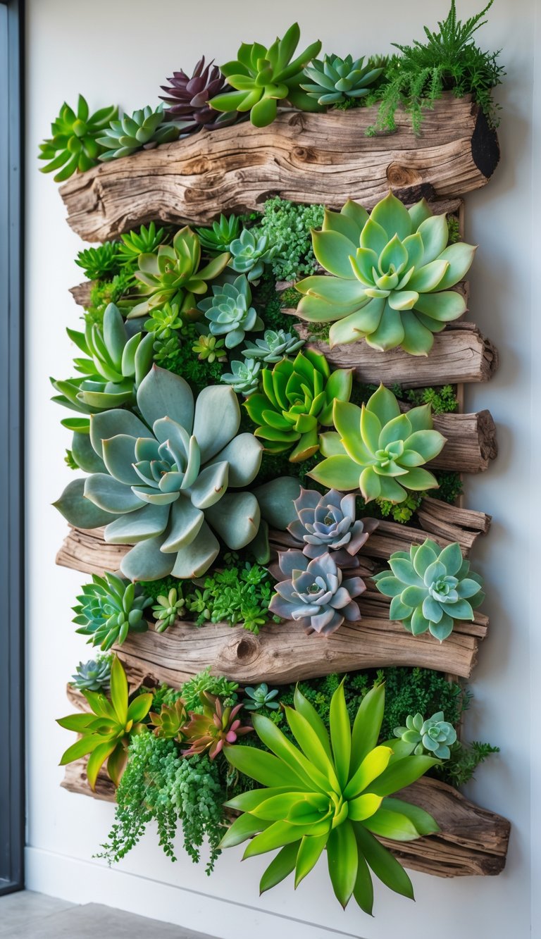 A vertical indoor garden wall with various succulents growing on driftwood panels mounted on a bright wall.