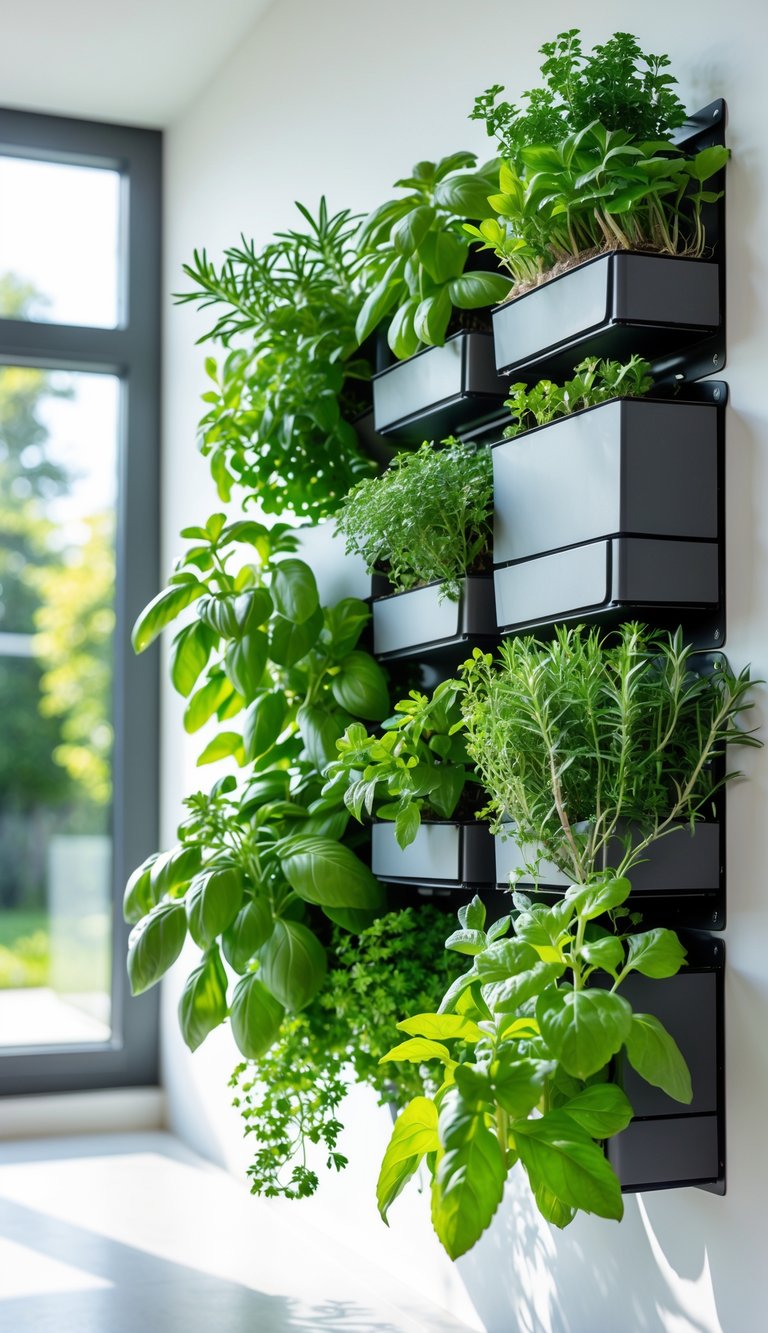 A vertical indoor herb garden wall with various green plants growing in planters on a white wall.