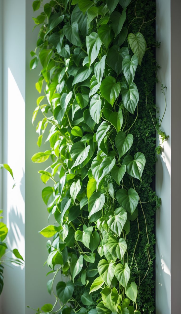 A wall covered with cascading green pothos plants inside a modern room.