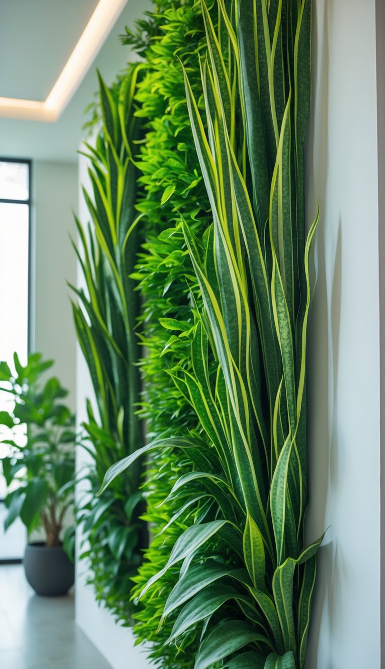 A vertical indoor plant wall densely filled with tall Sansevieria plants with green and yellow leaves in a modern interior space.