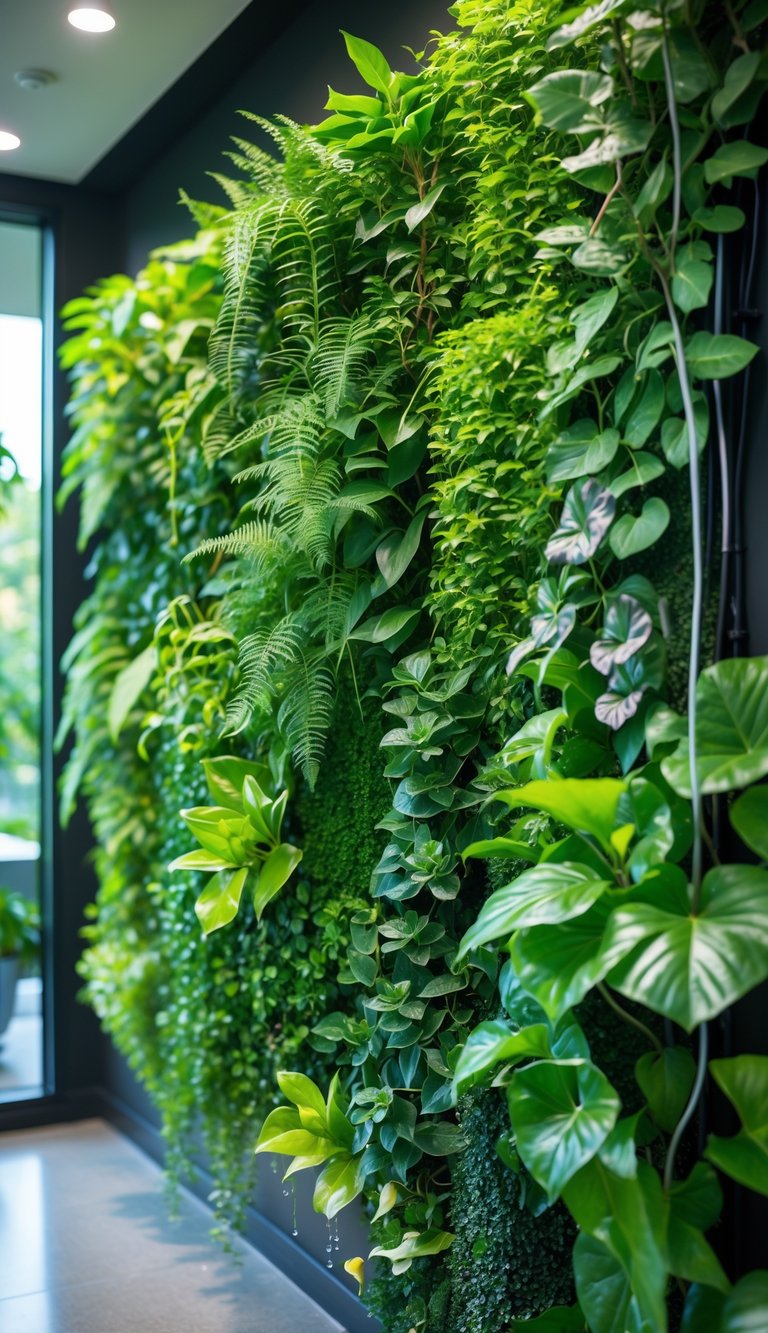 Indoor vertical garden wall with diverse green plants and drip irrigation system in a bright modern room.