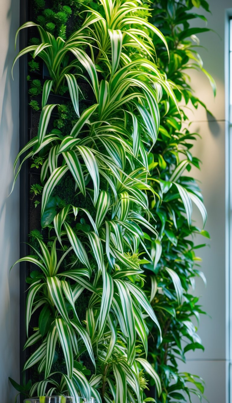 Vertical indoor plant wall densely covered with healthy spider plants featuring long green leaves with white stripes.