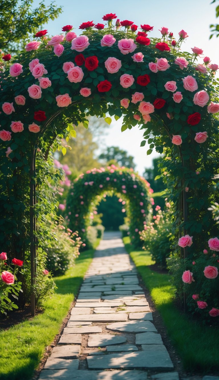 A garden entrance with a rose-covered archway over a stone path surrounded by green plants and blooming roses.