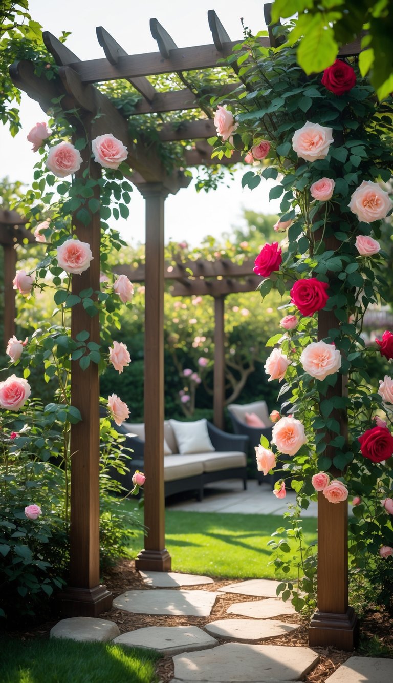 A garden with climbing roses blooming on wooden trellises and pergolas, surrounded by green plants and a stone pathway.