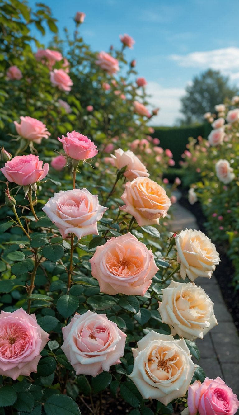 A vibrant rose garden with pink, peach, and white roses blooming among green leaves along a garden path under a clear sky.