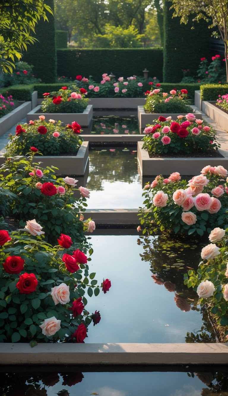 A rose garden with raised beds arranged around a central reflecting pond filled with blooming roses and green foliage.