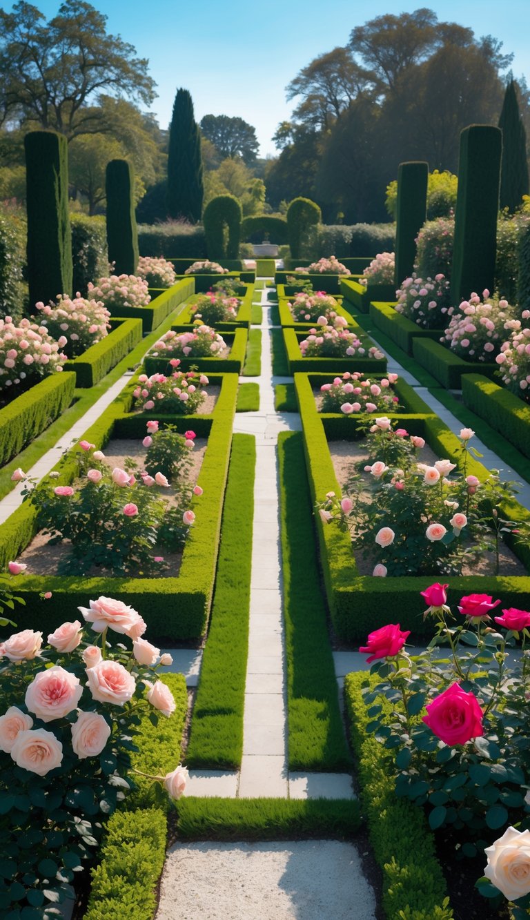 A symmetrical rose garden with neatly trimmed hedges, intersecting pathways, and vibrant blooming roses in red, pink, and white under a clear sky.
