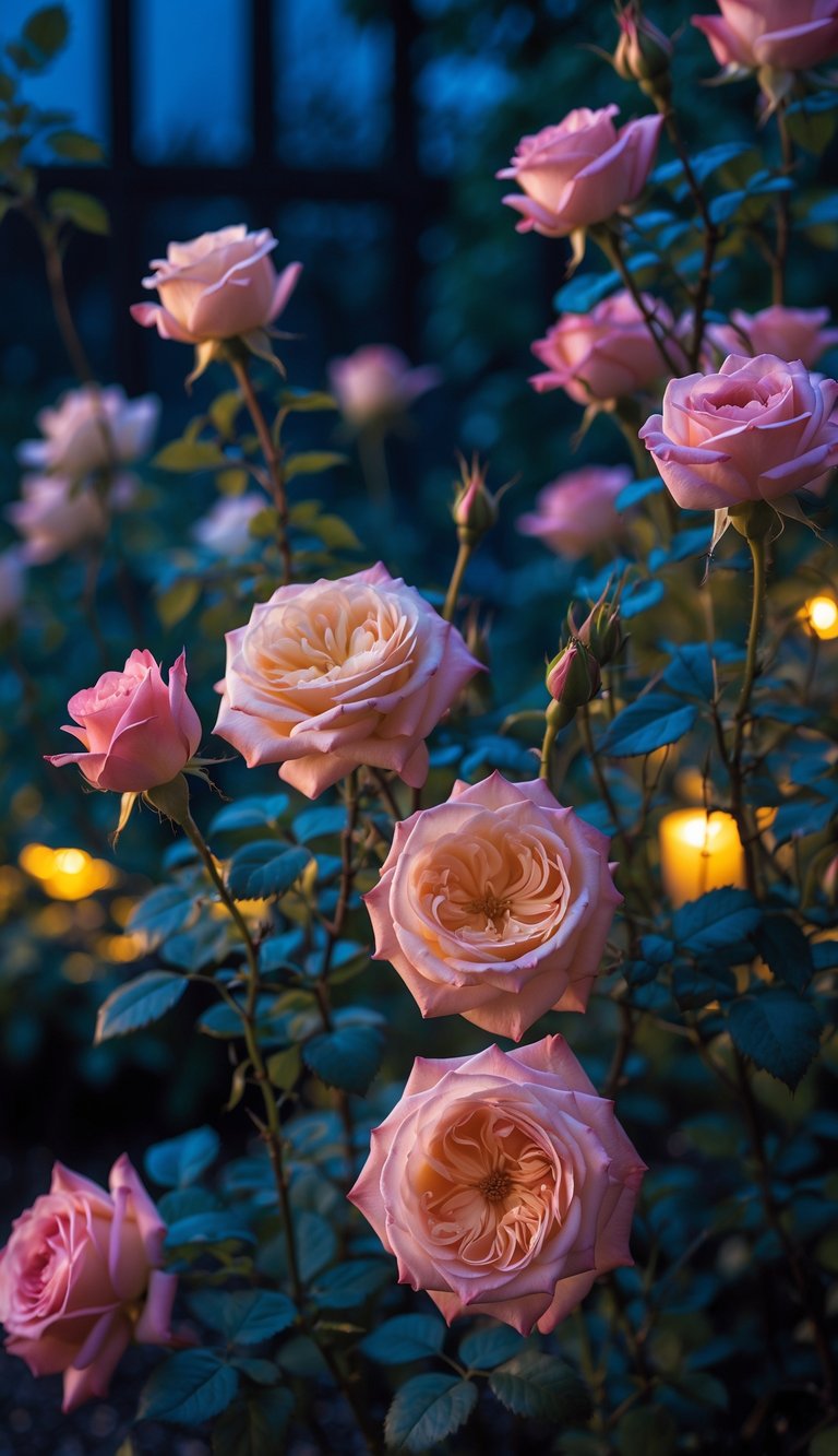 A nighttime garden scene with softly lit blooming roses surrounded by greenery.
