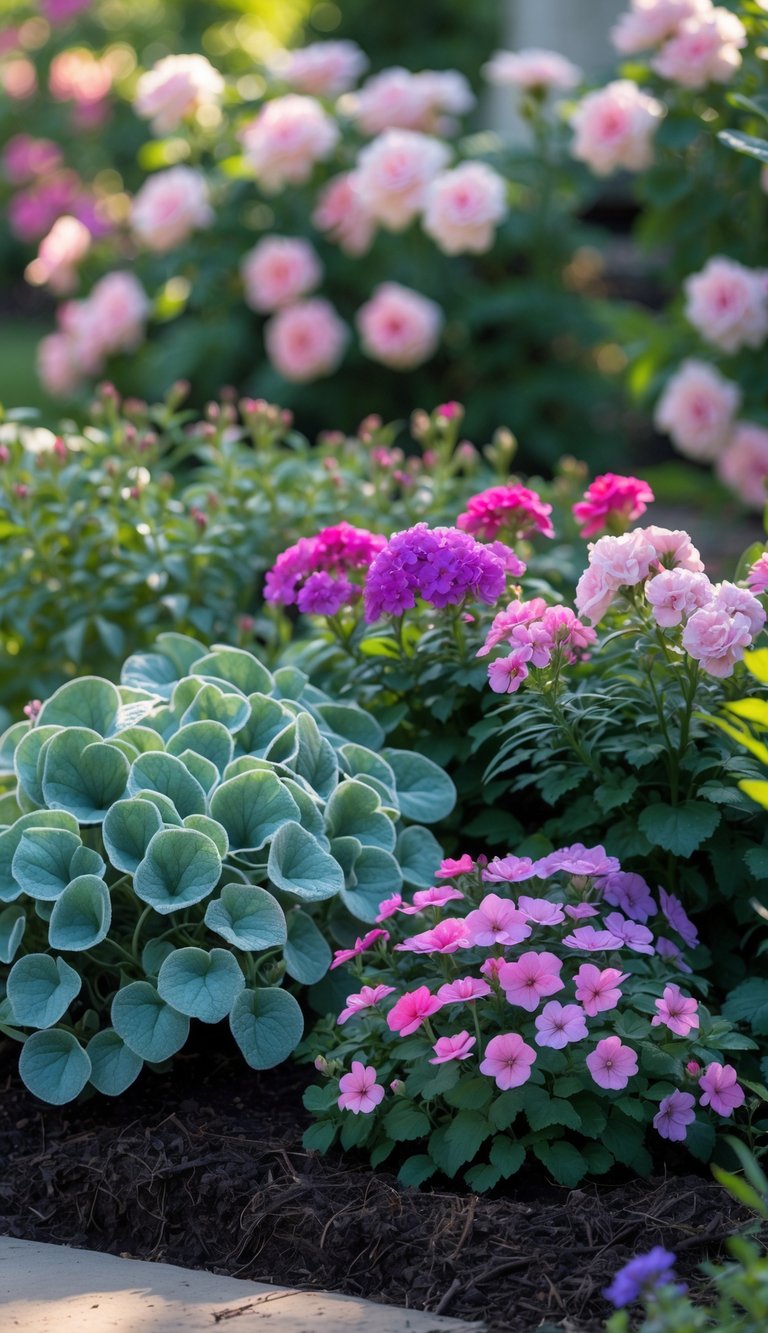 A garden bed with soft silver-green lamb's ear leaves next to clusters of pink and purple true geranium flowers, with blooming rose bushes in the background.