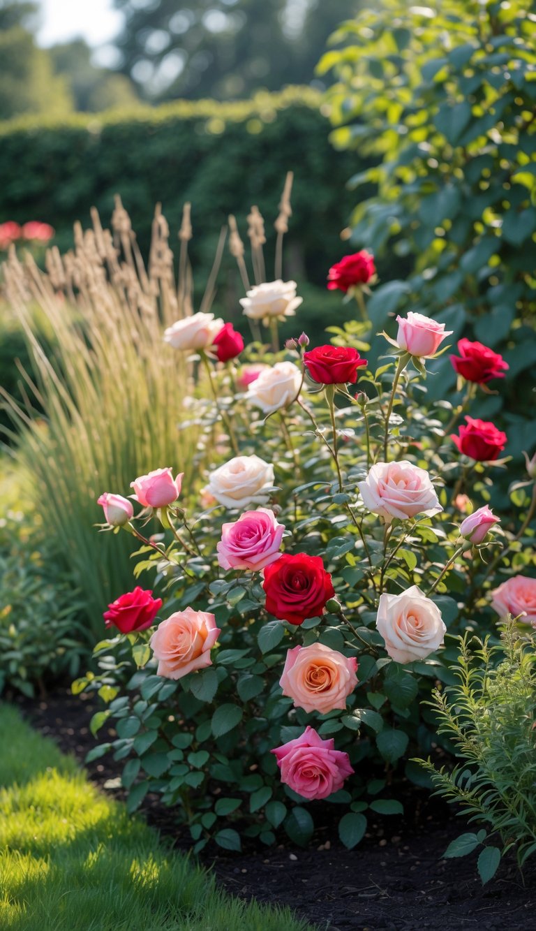 A blooming rose garden with colorful roses and small ornamental grasses surrounded by green foliage.