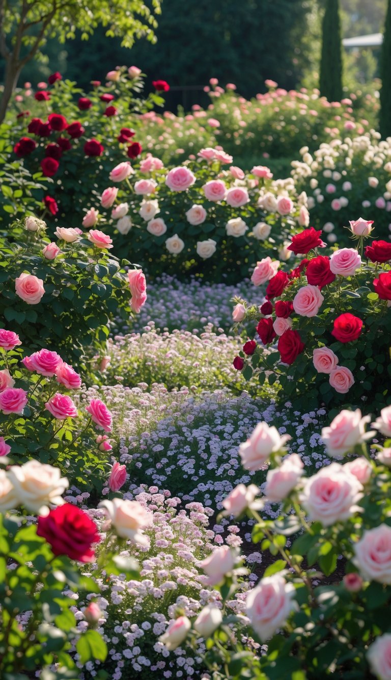 A blooming rose garden with red and pink roses and clusters of small white and lavender sweet alyssum flowers scattered between the rose beds.