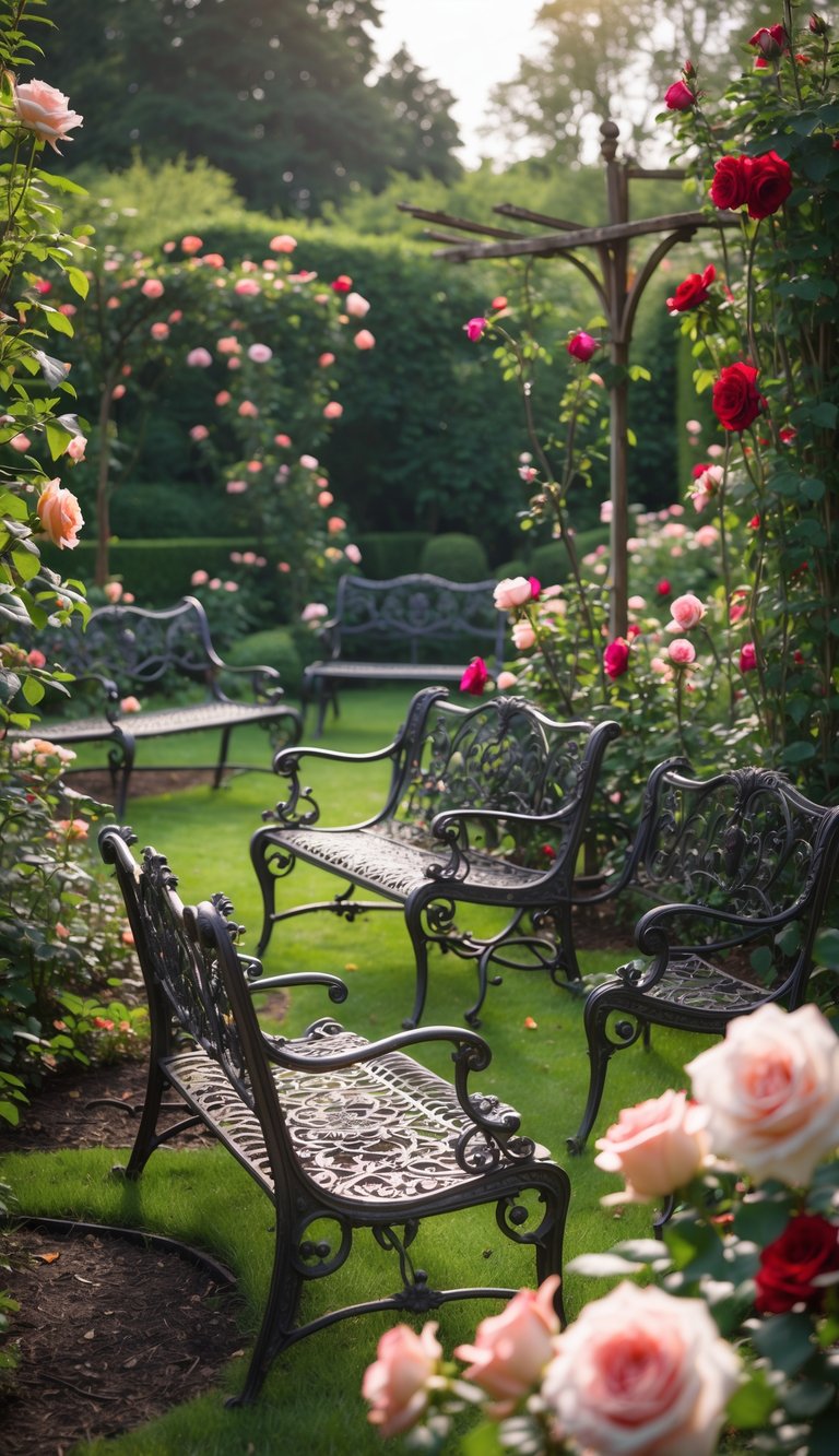 A garden with sixteen wrought iron benches surrounded by blooming roses and greenery.
