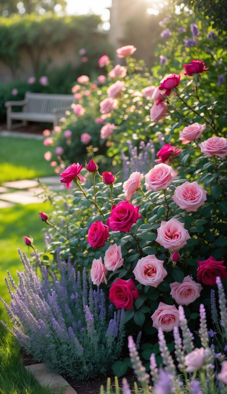 A blooming rose garden bordered by lavender plants with purple flowers, sunlight shining on green grass and a stone pathway.