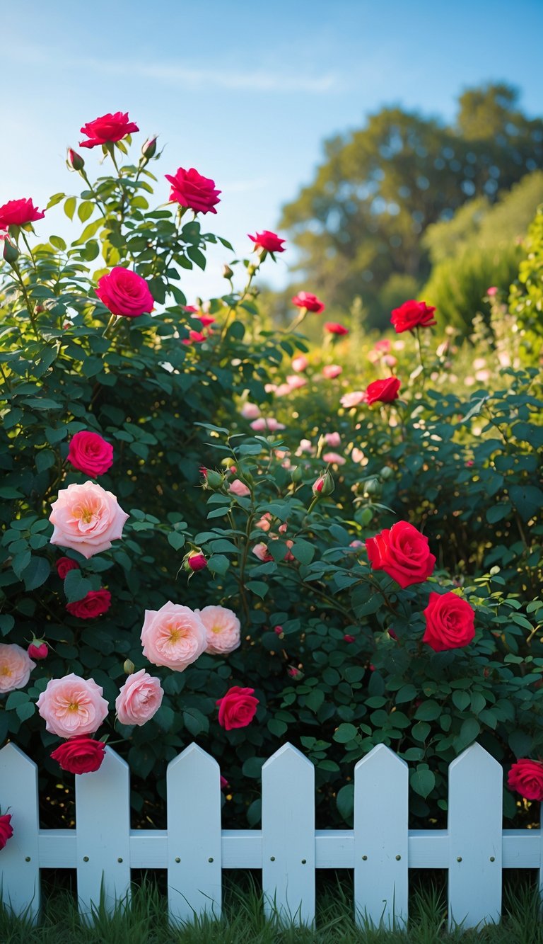 A white picket fence covered in blooming red and pink roses in a green garden under a clear sky.