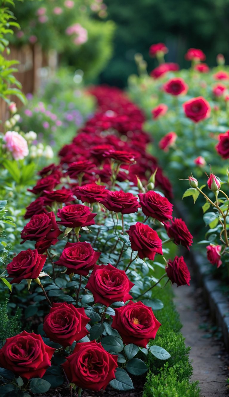 A garden border filled with deep red 'Mister Lincoln' roses blooming along a path surrounded by green foliage.