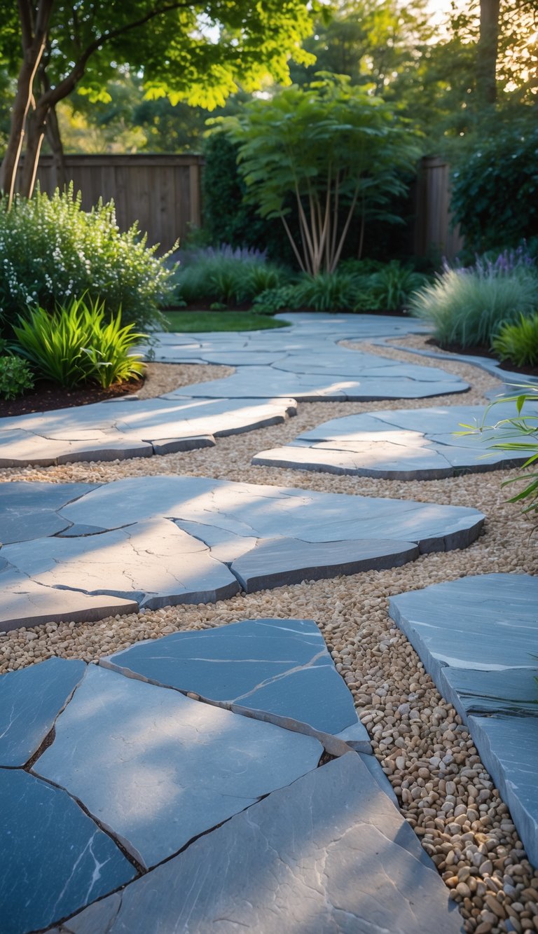Outdoor patio with bluestone slabs and pea gravel inlays surrounded by green plants.