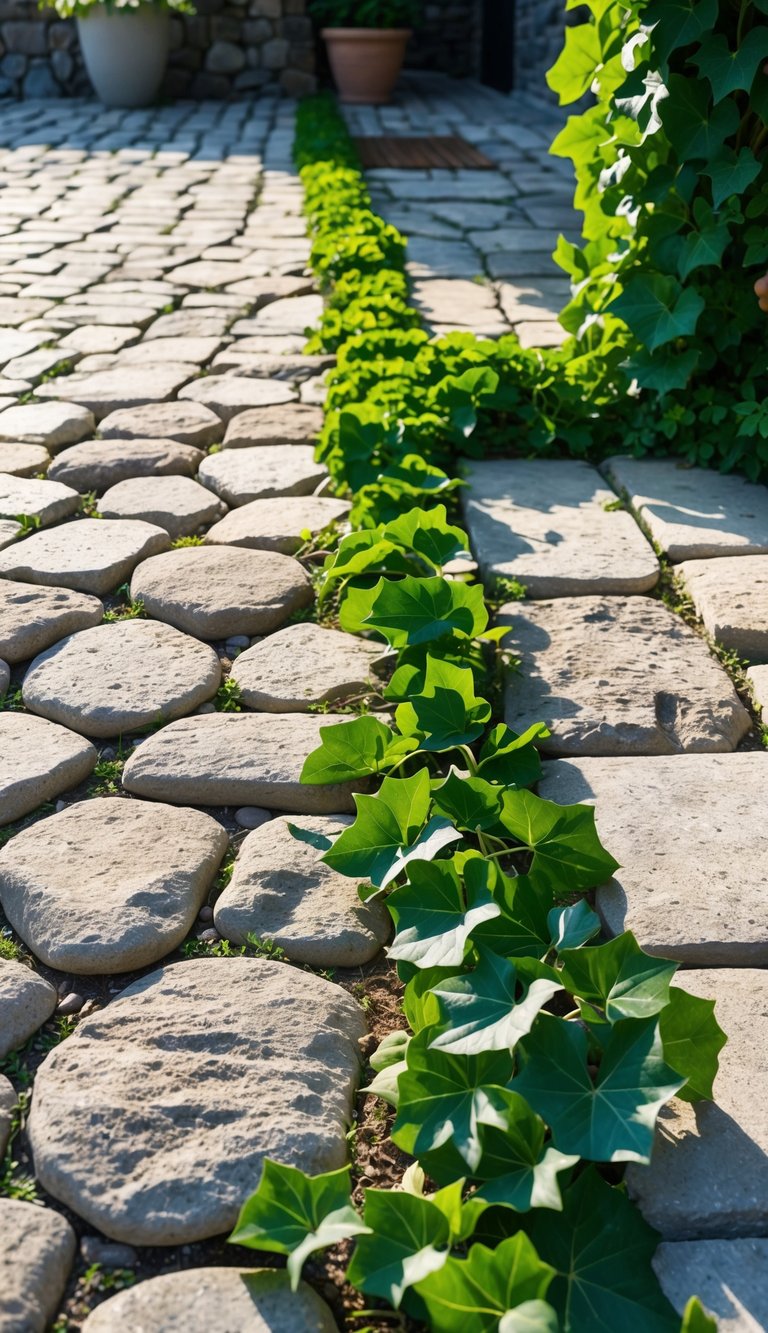 Cobblestone patio with green ivy growing along the edges and between some stones.
