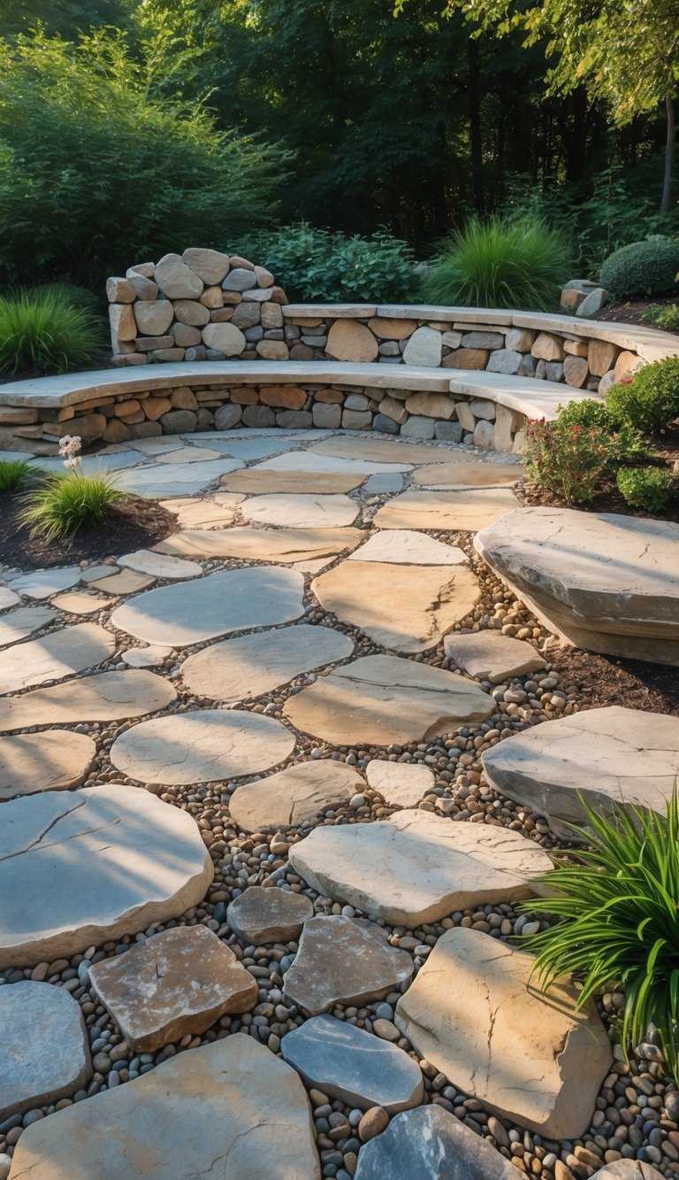 An outdoor stone patio made of various mixed-shaped stones surrounded by greenery.