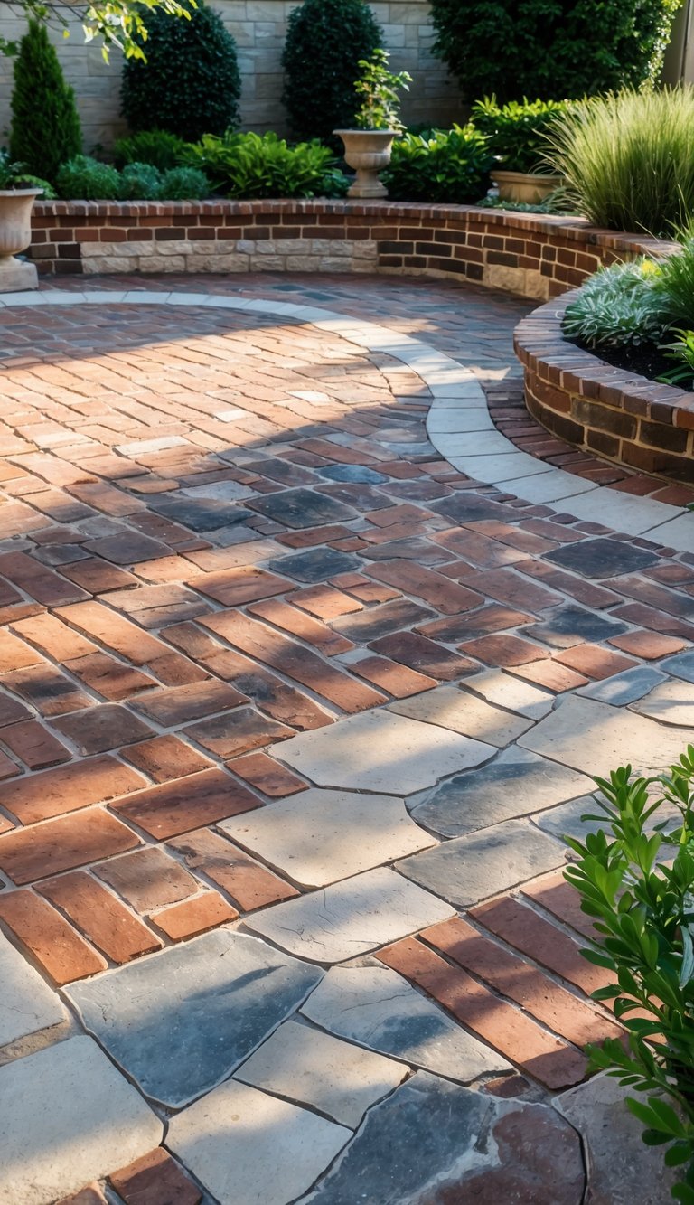 An outdoor patio made of red bricks and natural stone surrounded by green plants.
