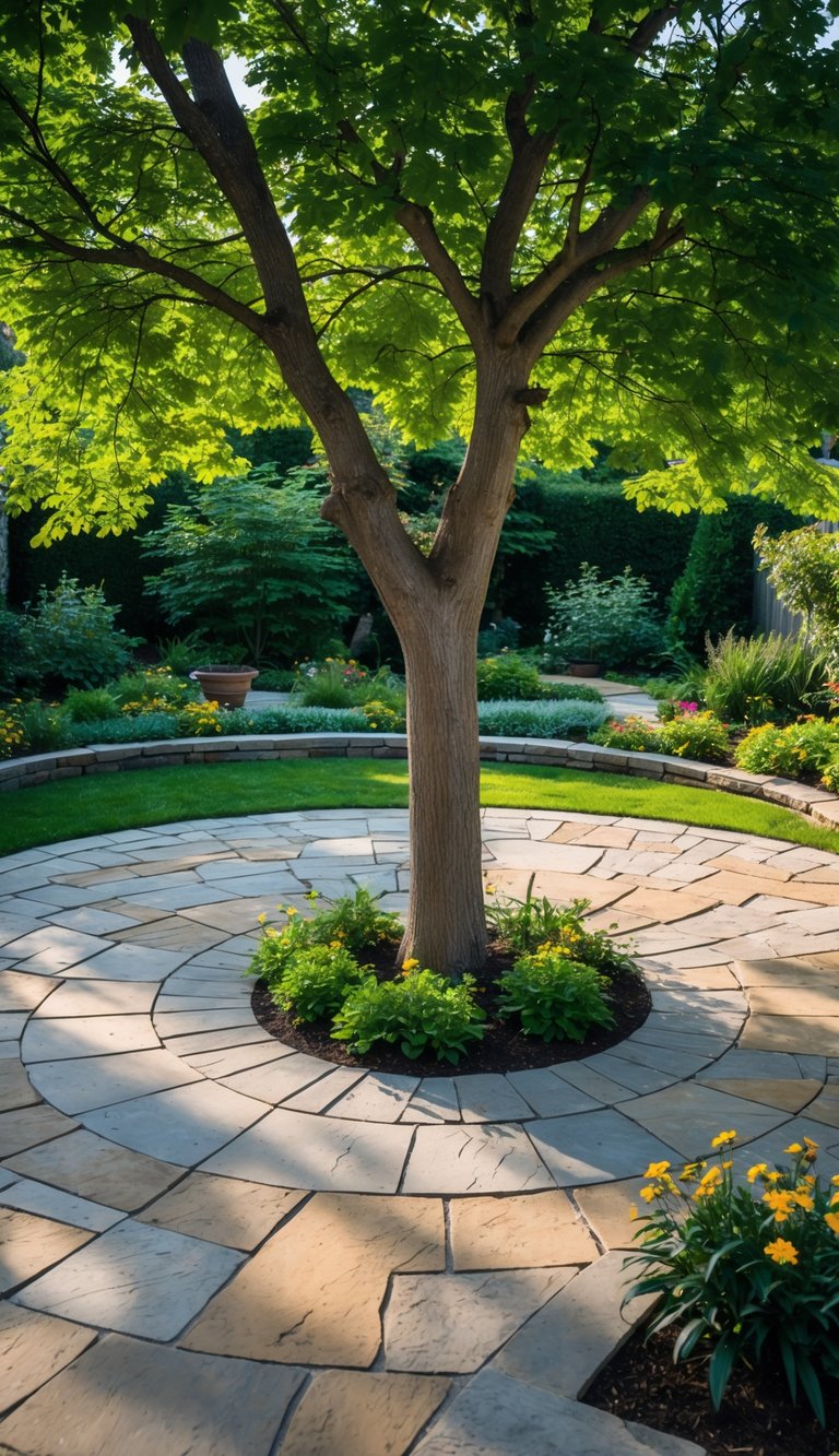 A circular stone patio with a central tree surrounded by garden plants and a lawn.