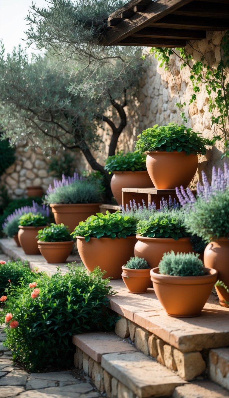 A peaceful garden with terracotta pots filled with plants arranged on stone steps and shelves, surrounded by greenery and sunlight.