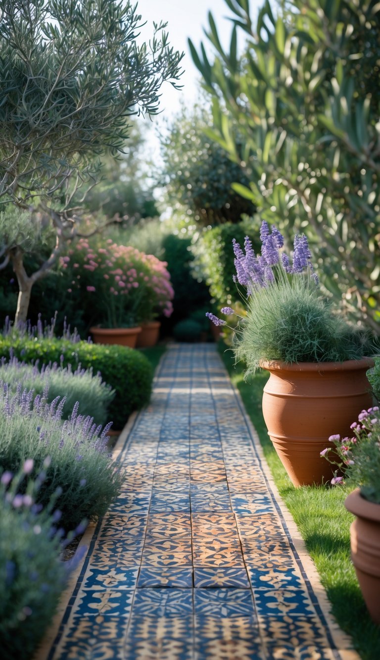 A garden pathway paved with colorful patterned ceramic tiles surrounded by green plants and flowers.